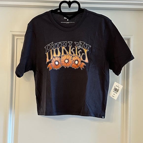 Hurley Tops - Hurley Black Daisy Graphic Crop Short Sleeve Cotton Top Size Various